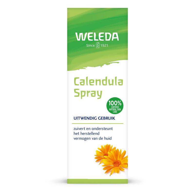 Weleda Calendula body spray in a 30ml bottle, natural skincare product for soothing and nourishing skin.