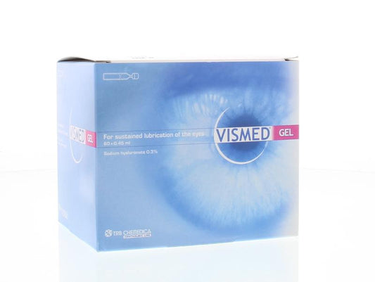Vismed Ooggel 0.3% eye drops, 0.45ml vials, 60-pack, eye care product for dry or irritated eyes, by Vismed