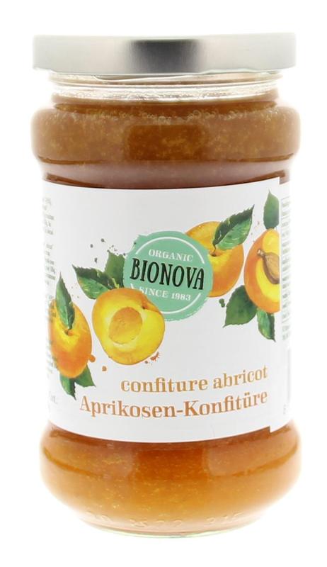 Bionova biologische abrikozenjam in glazen pot van 340 gram, geschikt als broodbeleg