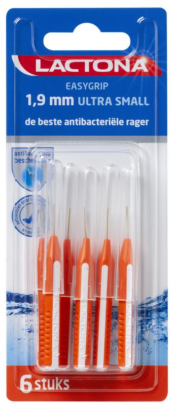 Lactona Easygrip ultra small 1.9mm dental floss picks with 6-pack, featuring ergonomic grip and compact design for oral hygiene.