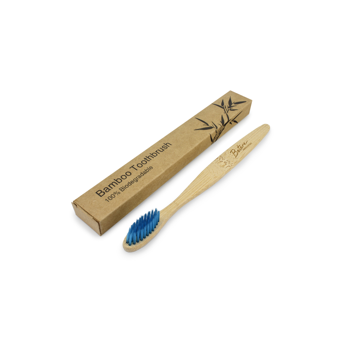 Blue bamboo toothbrush for adults by Betere Producten, showing soft bristles and ergonomic handle design.