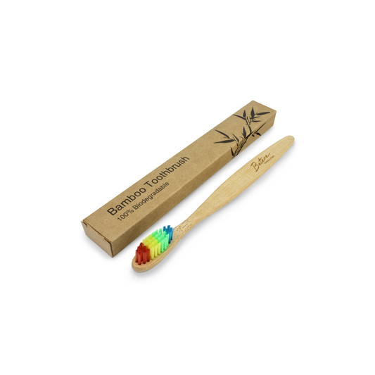 Betere Producten bamboo toothbrush for adults with rainbow-colored bristles, natural wooden handle, single toothbrush.