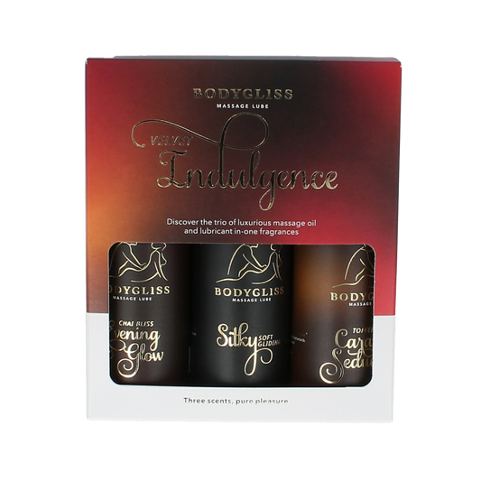 Bodygliss Velvet indulging travel edition three-pack of lubricants, 150ml bottles, with smooth, velvety texture and discreet packaging.