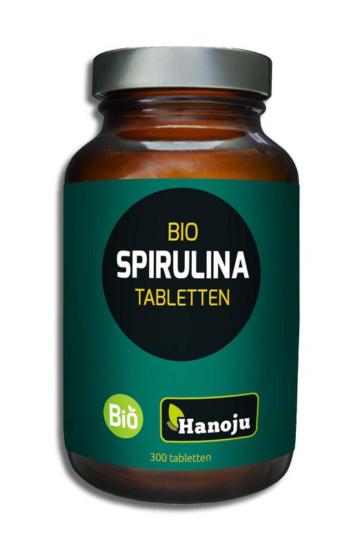 Hanoju Bio spirulina tablets, 300 vegan supplement tablets, green spirulina powder in tablet form for health and nutrition.