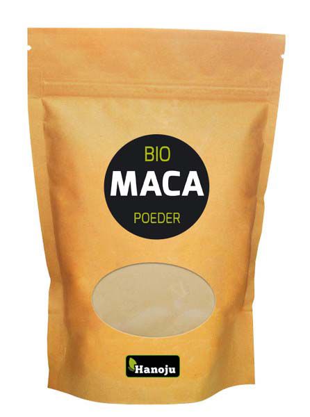 Hanoju Bio maca poeder in 500g bag, a natural herbal supplement with vibrant orange powder for energy and vitality.