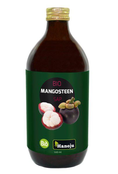 Hanoju Bio Mangosteensap in 500ml bottle, organic mangosteen juice from Dranken en Sappen collection, with vibrant purple color.