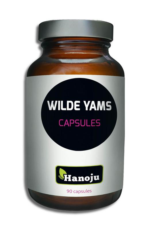 Hanoju Wild Yams vegetarian capsules in a bottle, herbal supplement for health and wellness, with a white background.