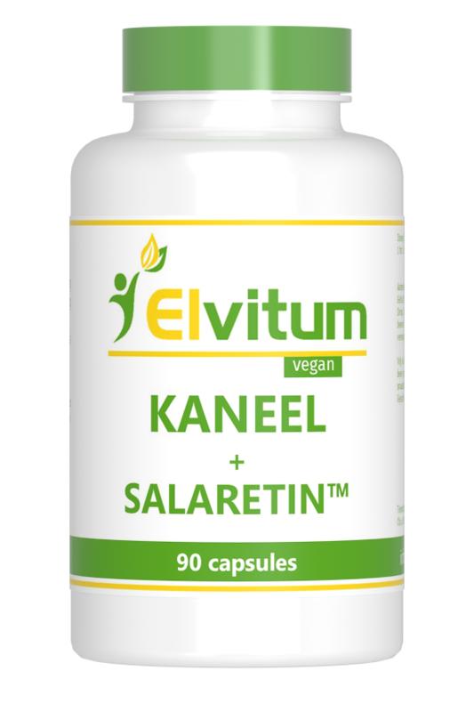 Elvitum Kaneel met salaretin vegetarische capsules in een open doos, close-up van de kruidenpreparaten in capsulevorm.