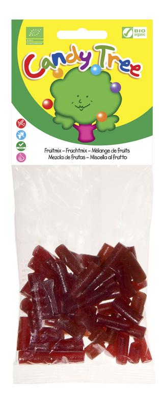 Candy Tree Fruitstukjes bio snoepgoed in 100g bag, colorful natural fruit-shaped candies with vibrant packaging.