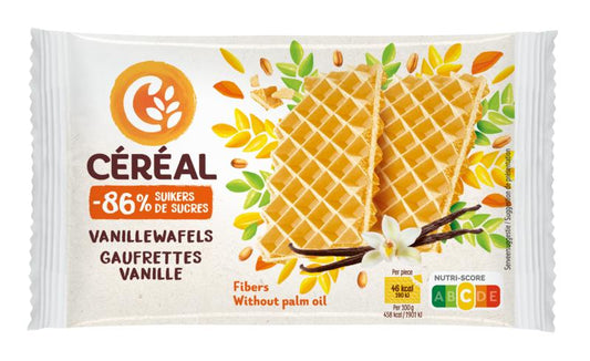 Cereal Vanillewafels suikervrij maltitol, 90g, showing a pack of vanilla-flavored, sugar-free cereal waffles in a clear wrapper.