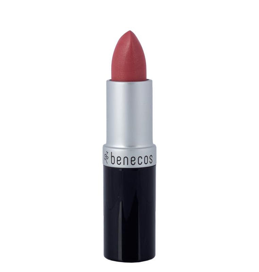 Benecos Natural Beauty peach lipstick displayed in its packaging, showcasing the vibrant peach color and sleek make-up design.