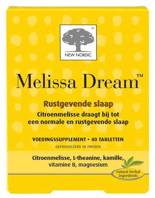 New Nordic Melissa Dream herbal supplement tablets in a bottle, herbal remedy for relaxation and sleep support.