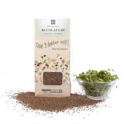 Organic Peuleschil Rucolazaad in 135g package, fresh green arugula leaves for salads and cooking.