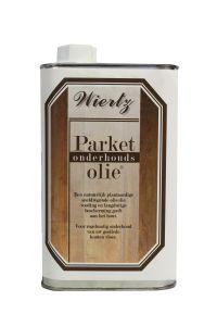 Wiertz Parket onderhoudsolie 1 liter bottle, a cleaning product for wooden floors, featuring a transparent container and label.