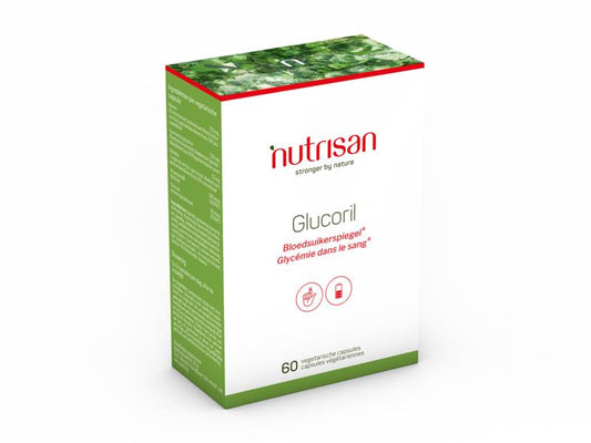 Nutrisan Glucoril vegetarian herbal capsules in a bottle, dietary supplement for blood sugar support, natural herbal ingredients.