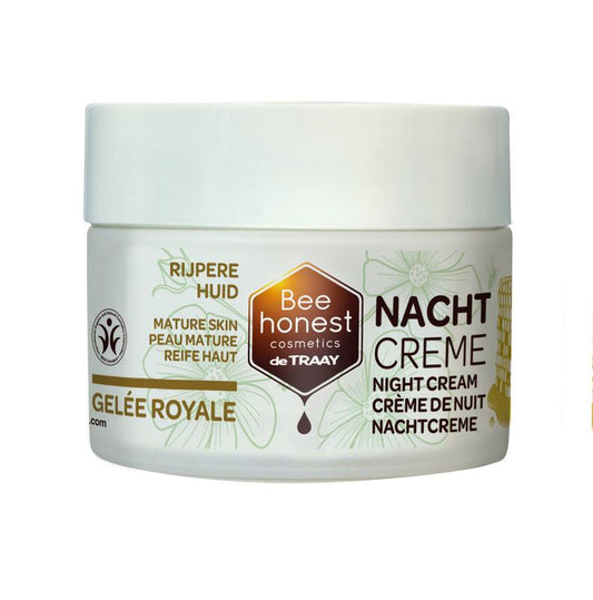 Traay Bee Honest Nachtcreme gelee royale 50ml, facial skincare cream with royal jelly, in a jar with a white lid.