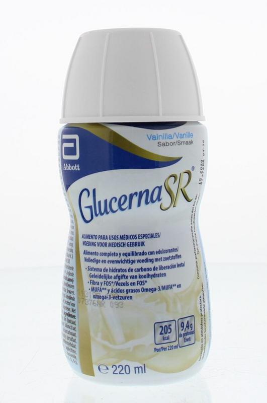 Vanilla Glucerna SR medical diet supplement in 220ml bottle, designed for specialized nutrition needs.