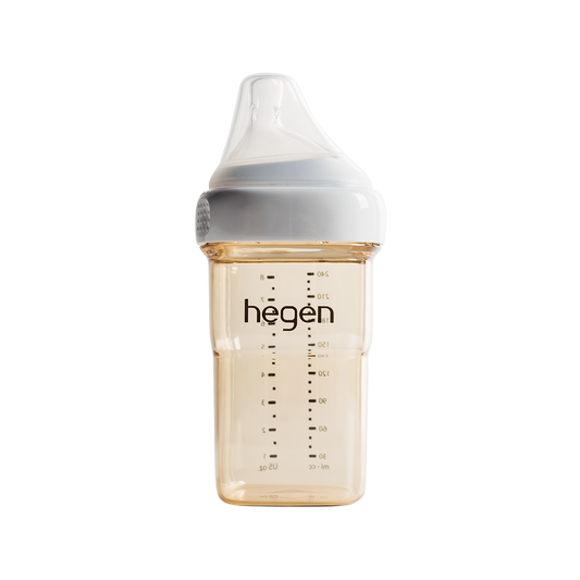 Hegen 240ml baby bottle with teat, clear plastic, designed for feeding infants, shown with lid and nipple attached.