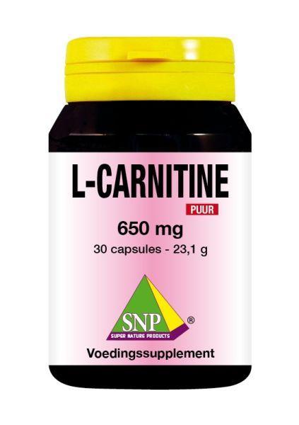 SNP L-Carnitine 650mg puur amino capsules bottle with 30 capsules on a white background.