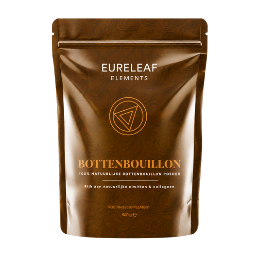 Elements Bottenbouillon Poeder 500g container with amino acids, showing the product label and packaging front view.