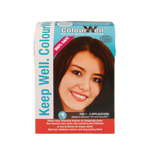 Colourwell 100% natural mahogany hair dye in 100g package, showcasing the rich mahogany color and product packaging.