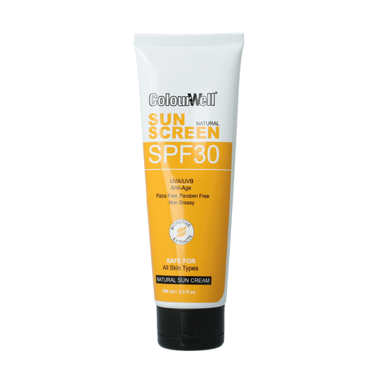 Colourwell Natuurlijke zonnecrème SPF30 bottle, 100ml, UV protection lotion for healthy sun protection in outdoor skincare.