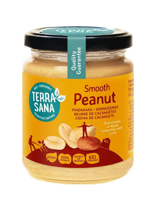 Creamy TerraSana organic smooth peanut butter without salt in a 250g jar, ideal as a nutritious bread spread.