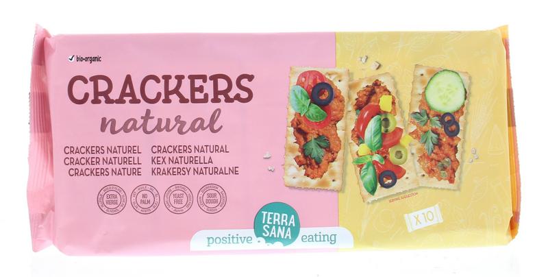 TerraSana organic crackers in a 300g package, showing whole grain crackers on a rustic wooden surface.