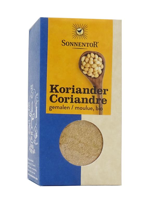 Ground organic coriander from Sonnentor, 40 grams in a clear package, perfect for herbs, spices, and meal seasoning.
