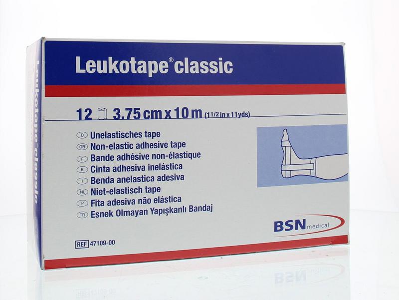 Leukotape Classic sports tape, 10m x 3.75cm, white, ideal for athletic taping and injury support, shown in the image.