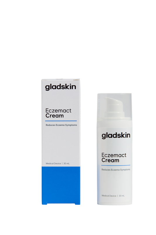 Gladskin Eczemact cream 30ml in a tube, body skincare product for eczema relief, with natural ingredients and soothing formula.
