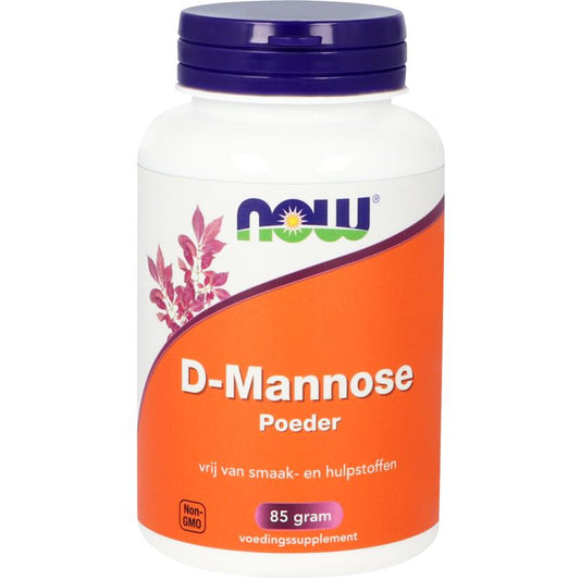 NOW D-Mannose powder in a clear container, showing white crystalline powder for herbal supplement use.