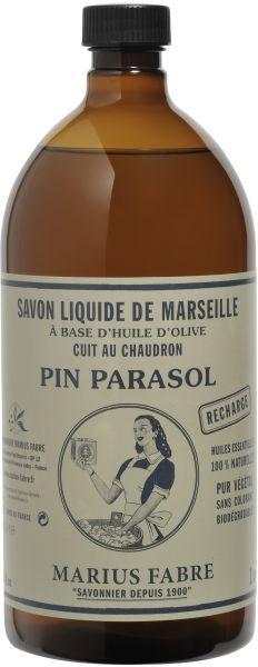 Marius Fabre Nature Marseille zeep refill bottle with pin parasol design, 1 liter, natural soap for skin and household use