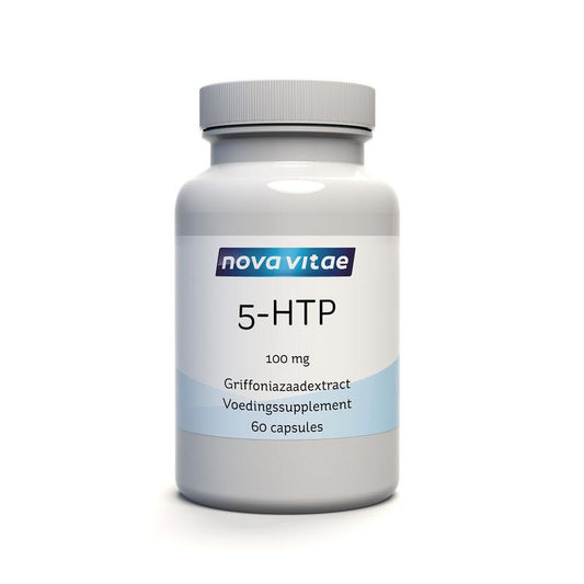 Nova Vitae 5-HTP vegetarian capsules with griffonia extract, herbal supplement in a clear container.