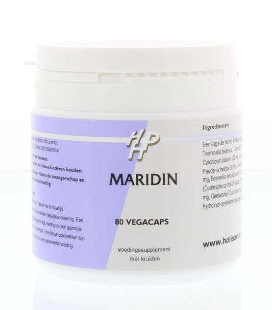 Holisan Maridin vegetarian herbal capsules in a bottle, showcasing the supplement's label and capsules inside.