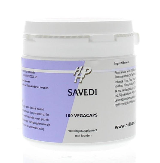 Holisan Savedi 100 vegetarian capsules for herbal supplement, showing the capsule bottle with green label and capsules inside.