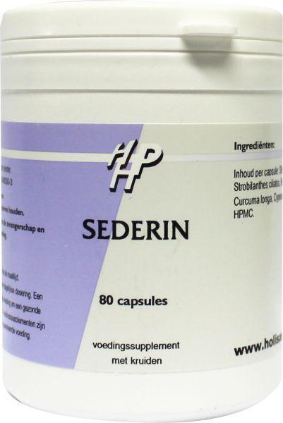 Holisan Sederin vegetarian herbal capsules in a container, showcasing the herbal supplement product.