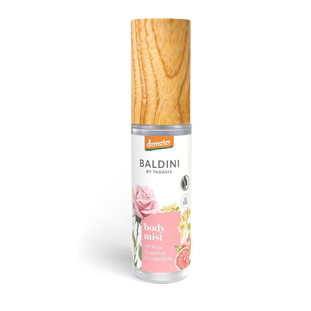 Baldini Body Mist Roos, 30ml body spray in a clear bottle with floral rose scent for body care.