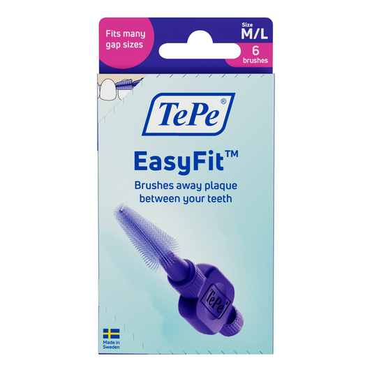 TePe EasyFit 6-pack dental hygiene tools for oral care and brushing control, featuring ergonomic design and compact size.