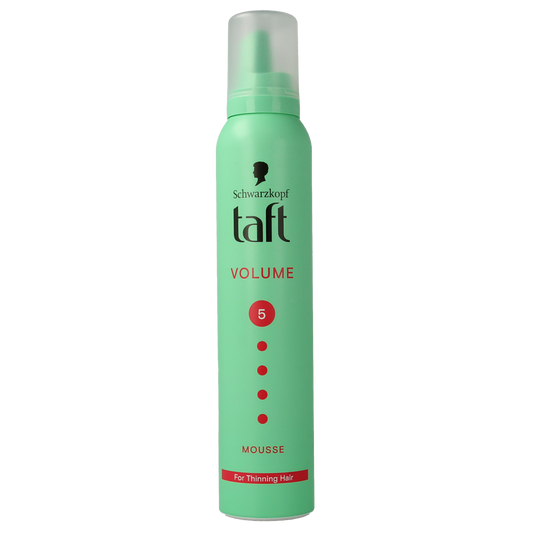 Taft Mousse Volume Mega Strong hair styling mousse in 200ml bottle, provides strong hold and volume for styled hair.