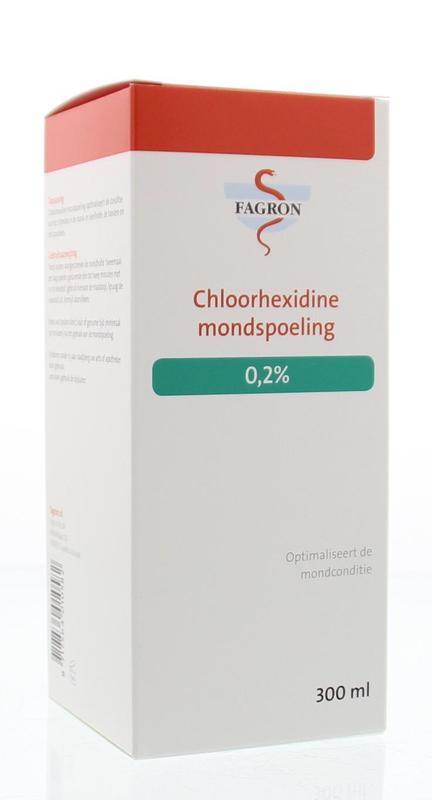 Fagron chlorhexidine mouth rinse 0.2% in 300ml bottle, antiseptic oral mouthwash for oral hygiene and gum health.