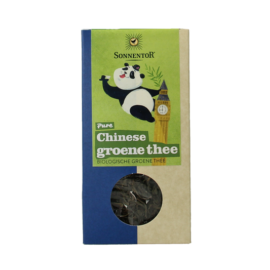 Sonnentor Chinese groene thee los bio, 100g, premium organic green tea leaves in a clear glass jar with a green label.