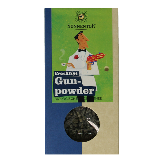 Loose Sonnentor Gunpowder green tea in a 100g package, featuring vibrant green tea leaves and natural packaging.
