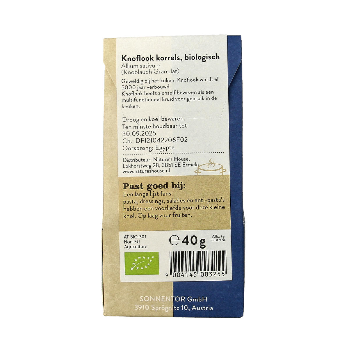 Organic Sonnentor garlic in a 40g package, part of herbal, salt, and meal mixes, shown in the image.