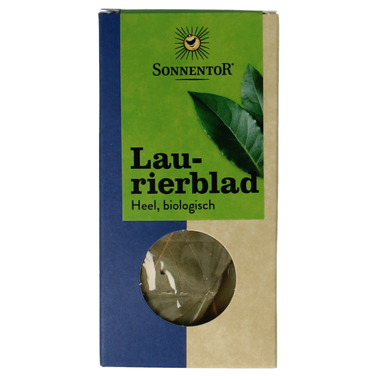 Organic Sonnentor laurel leaves in 10g, fresh green herbs for cooking, shown in a clear image.
