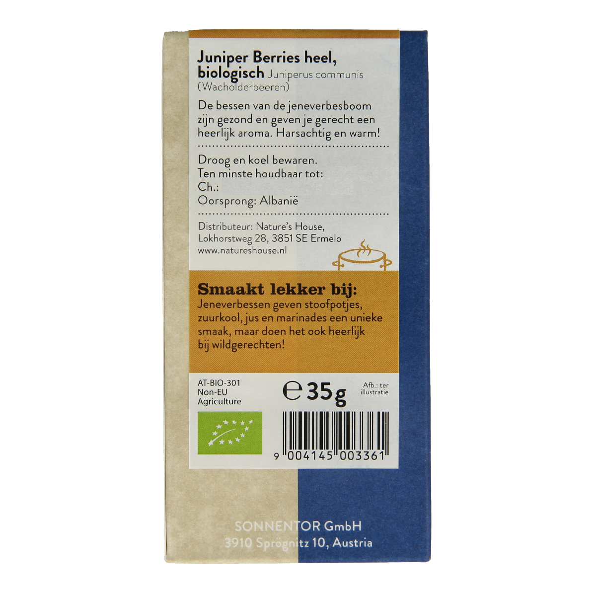 Organic juniper berries from Sonnentor, 35g, in a clear container, suitable for herbs, seasonings, and meal mixes.
