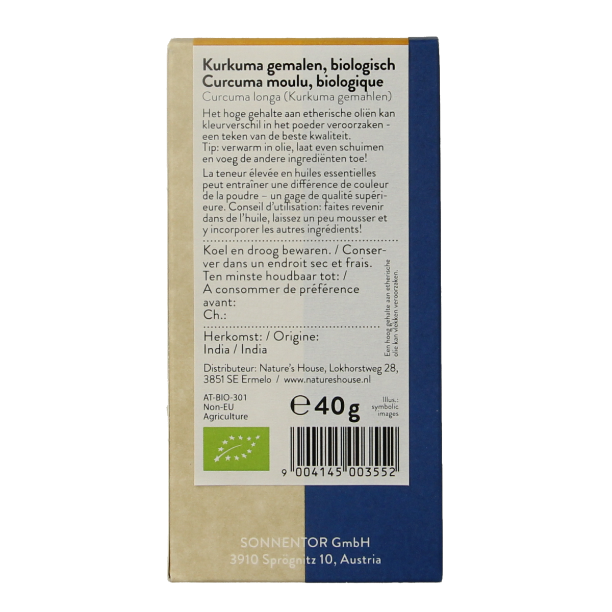 Sonnentor organic ground turmeric in 40g package, a spice used in cooking and herbal remedies.