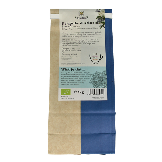 Organic Sonnentor elderflower tea in a 80g package, featuring dried elderflower blossoms for brewing herbal tea.