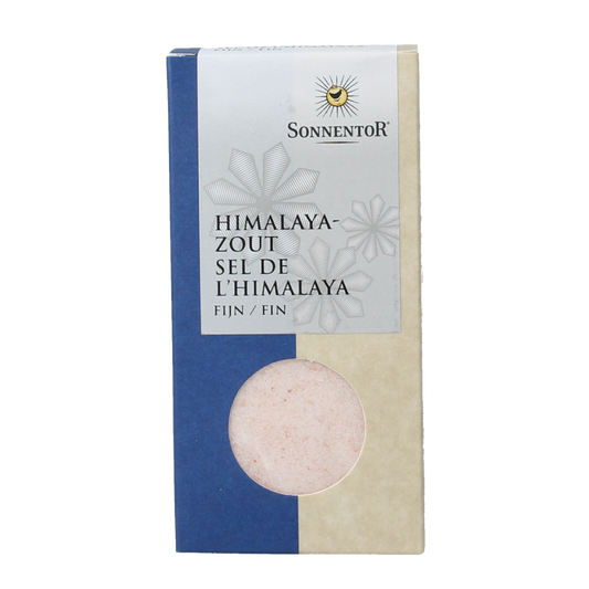 Sonnentor Himalayazout fijn bio, 150g, fine Himalayan sea salt in a clear container with a white lid, natural and mineral-rich.