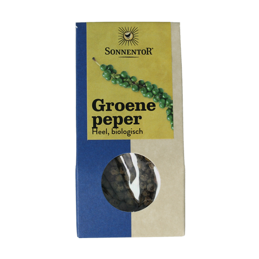 Organic green peppercorns by Sonnentor in a 20g package, shown in a clear container with fresh green peppercorns inside.